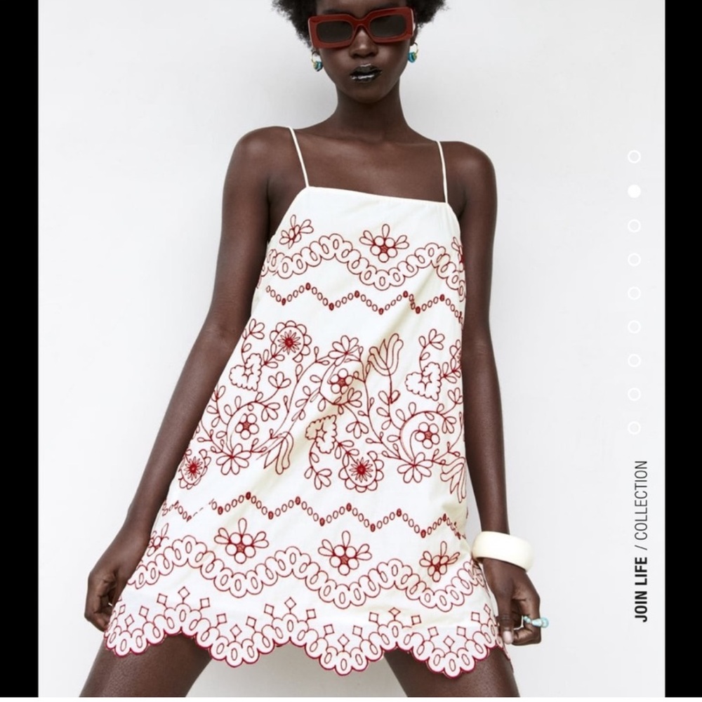 Zara Embroidered Red & White Floral Slip Dress